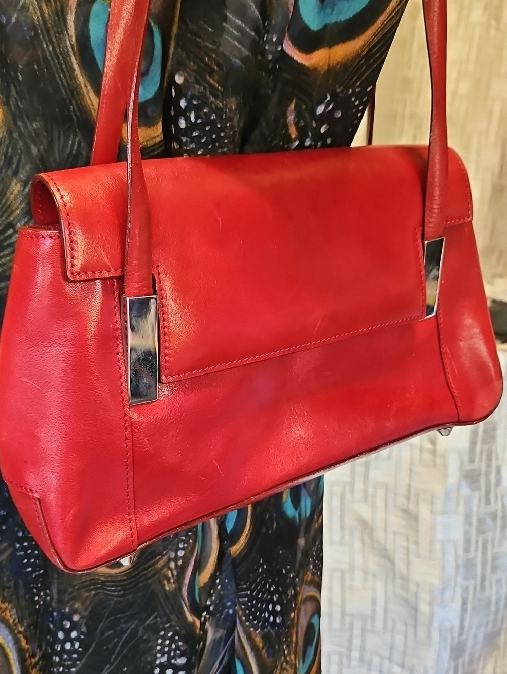 Elegant Red Shoulder Bag with Metal Accents